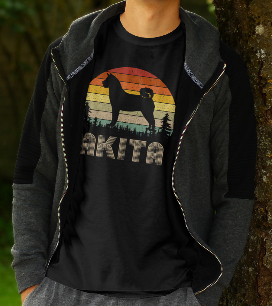 Akita Vintage Dog Retro 70's Forest Sunset T-Shirt