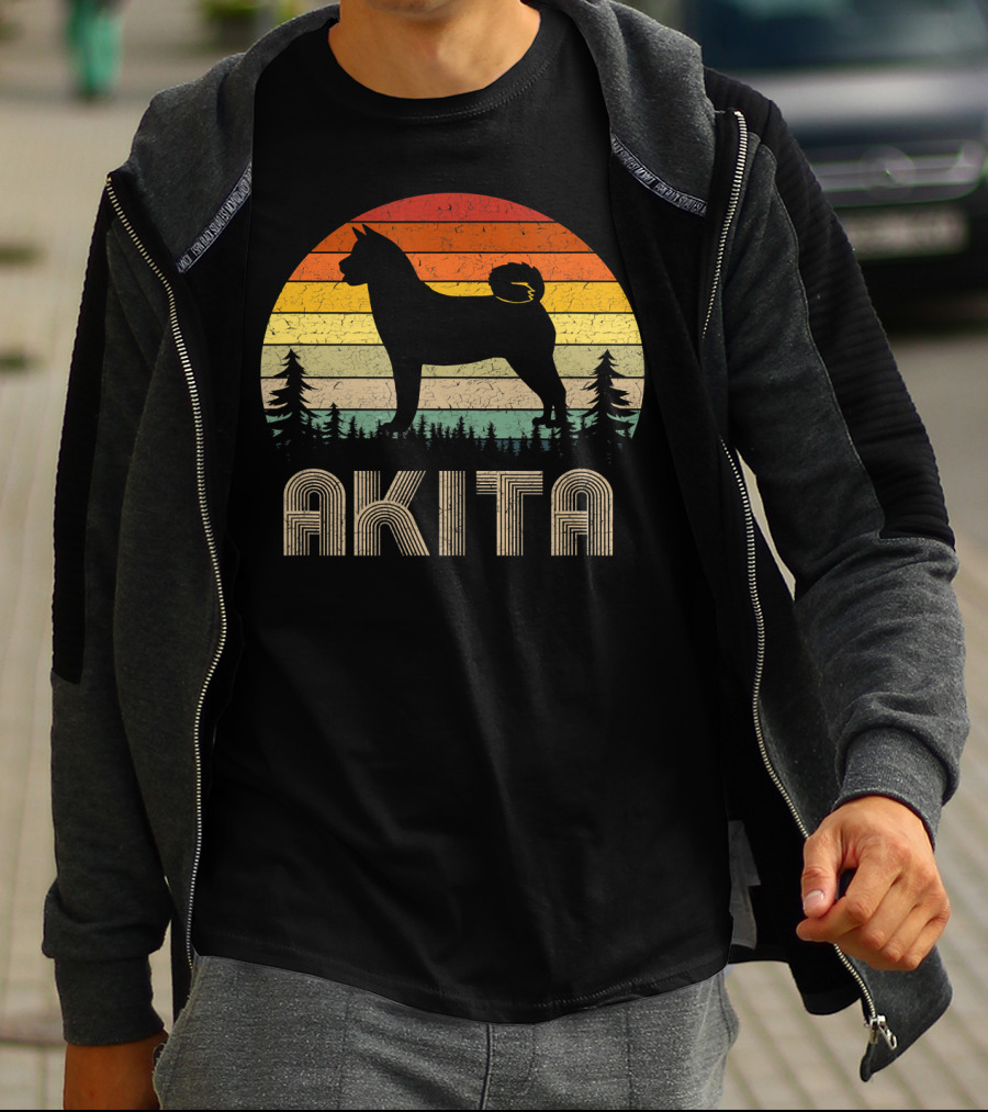 Akita Vintage Dog Retro 70's Forest Sunset T-Shirt