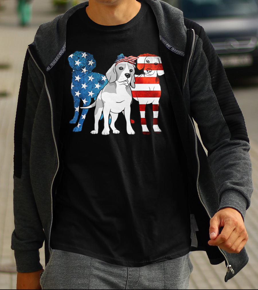 American Beagle Trio With Patriotic Stars And Stripes US Flag Motif T-Shirt