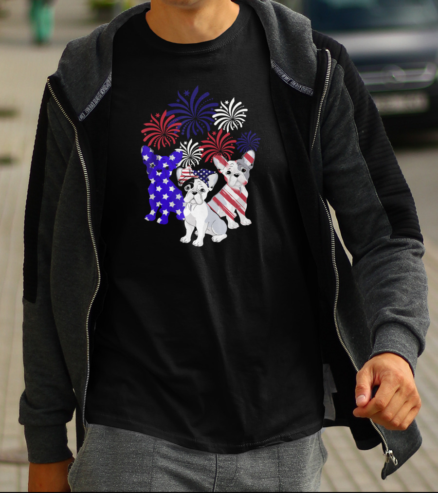 American Flag French Bulldog Fireworks T-Shirt
