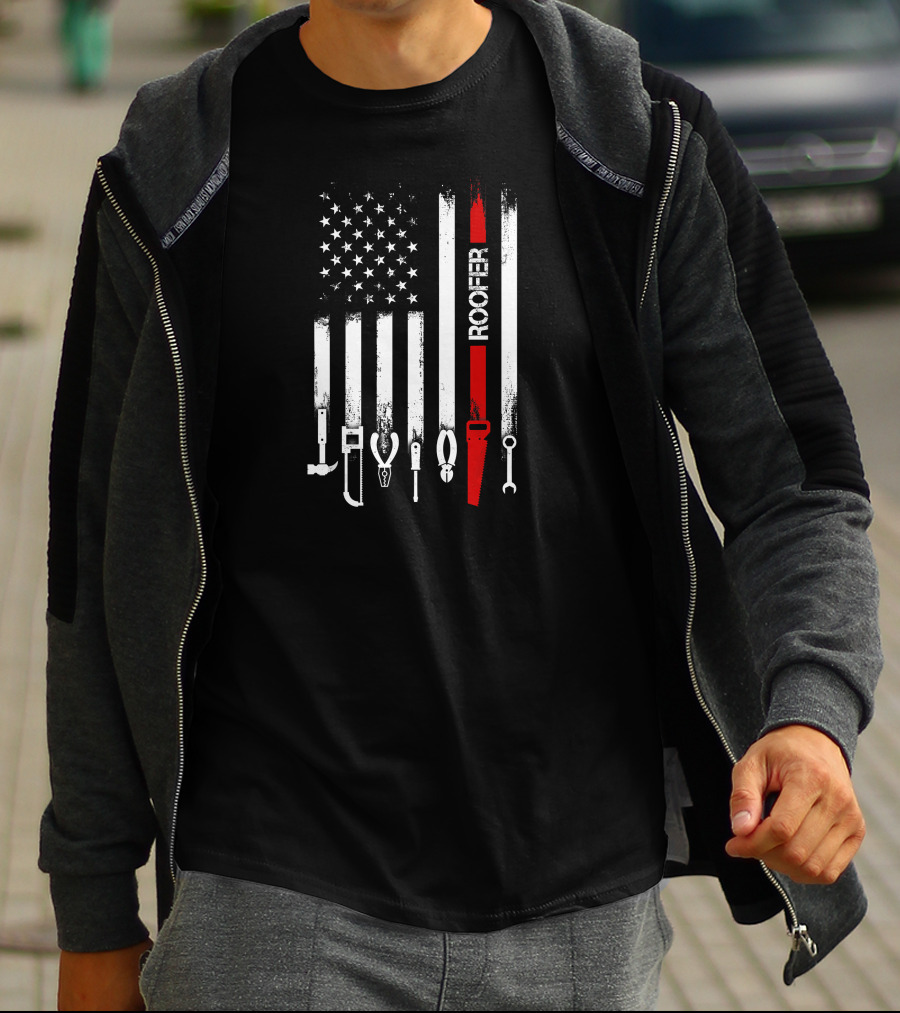 American Flag Roofer Tools Vertical Stripe T-Shirt