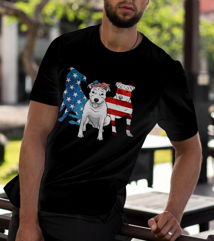 American Pitbull Trio With US Flag T-Shirt
