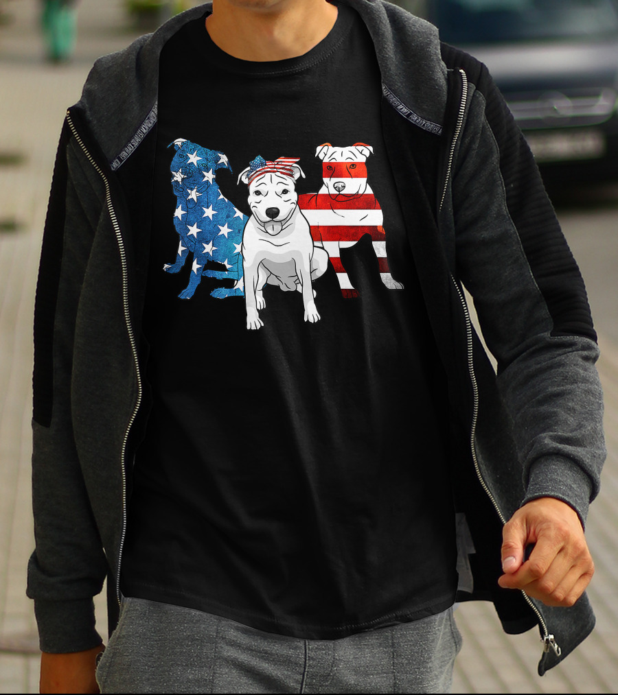 American Pitbull Trio With US Flag T-Shirt