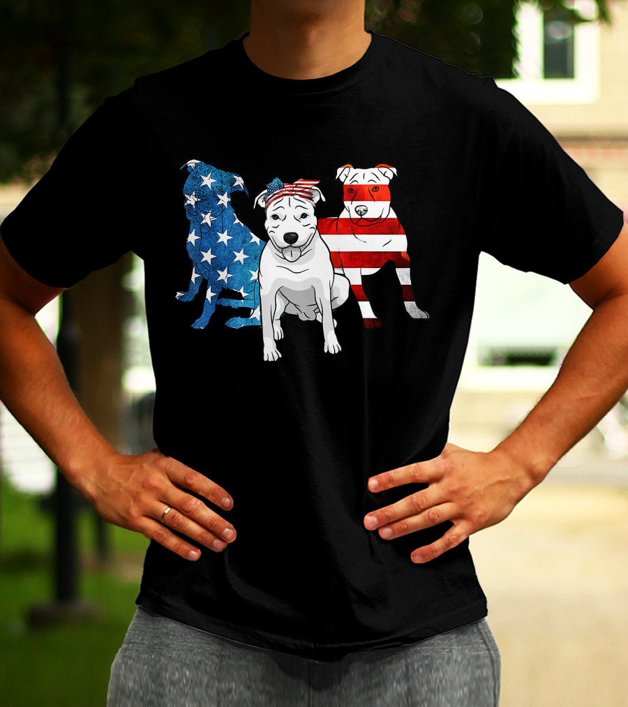 American Pitbull Trio With US Flag T-Shirt
