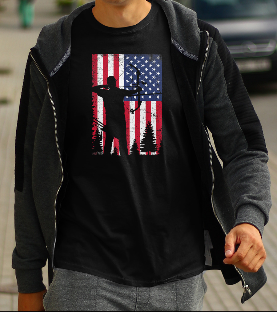 American Archery Bow Hunting Bow Hunter Silhouette USA Flag Background T-Shirt