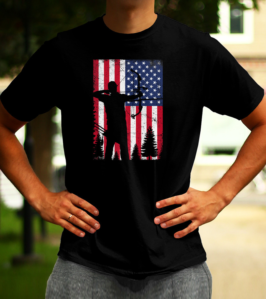 American Archery Bow Hunting Bow Hunter Silhouette USA Flag Background T-Shirt