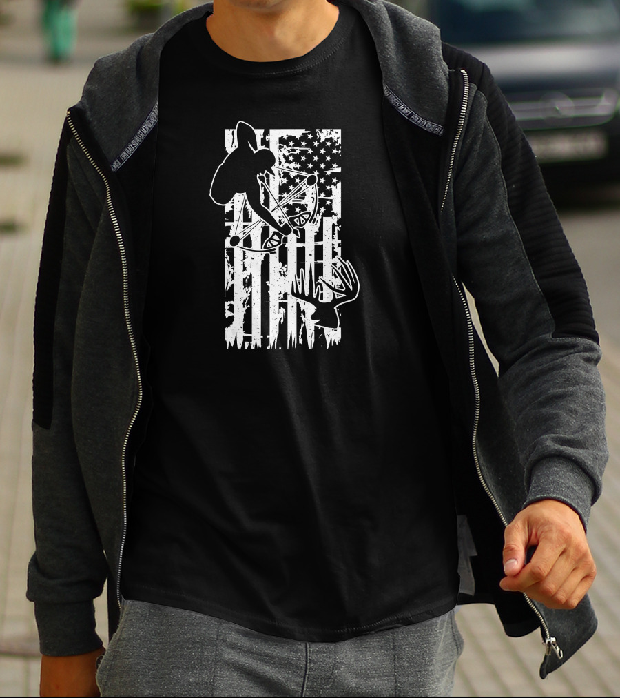 Archery Hunting Bow Deer Silhouette American Flag T-Shirt