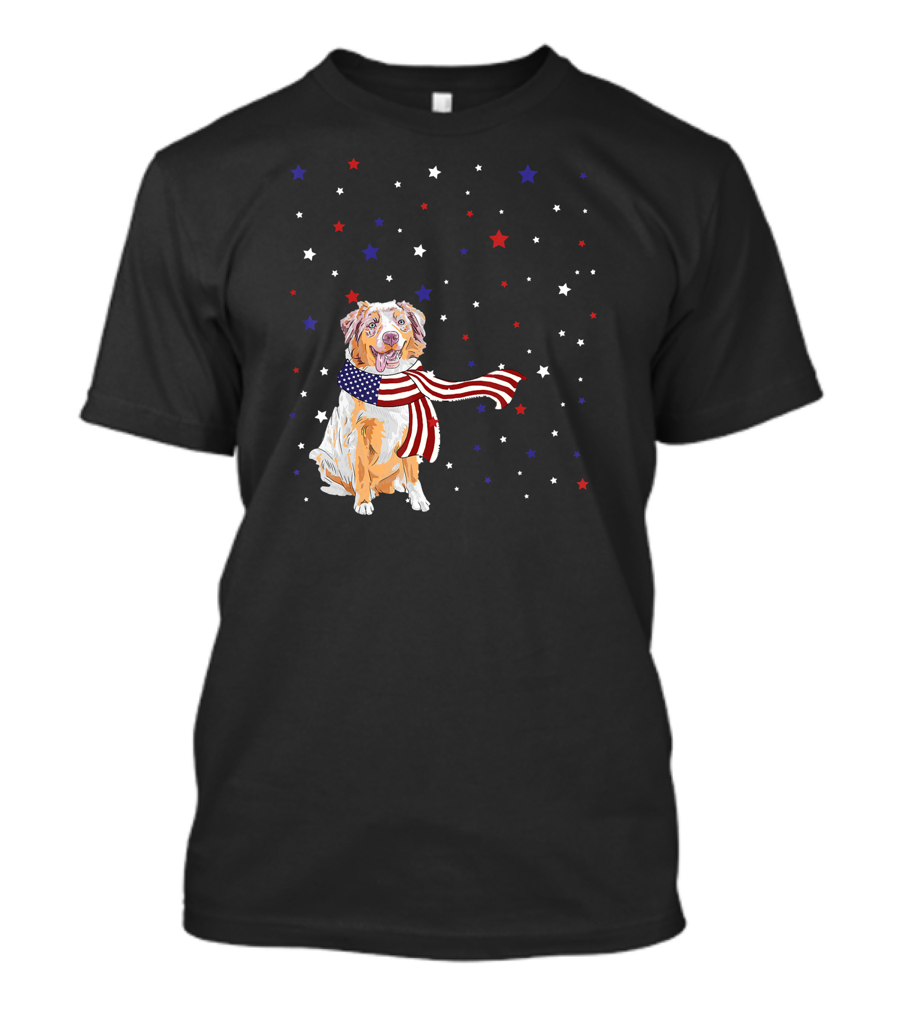 Australian Shepherd Dog With American Flag Scarf Surrounded By Stars T-Shirt