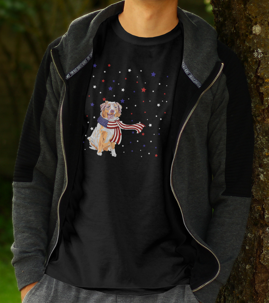 Australian Shepherd Dog With American Flag Scarf Surrounded By Stars T-Shirt