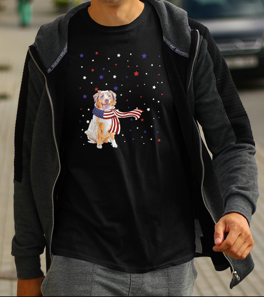 Australian Shepherd Dog With American Flag Scarf Surrounded By Stars T-Shirt