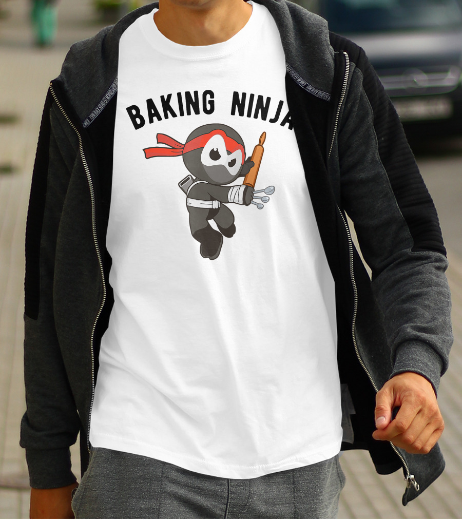 Baking Ninja Funny Ninjutsu Rolling Pin Warrior With Spoons And Red Headband T-Shirt