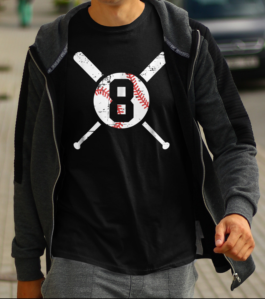 Baseball Number 8 Eight Distressed Crossed Bats T-Shirt