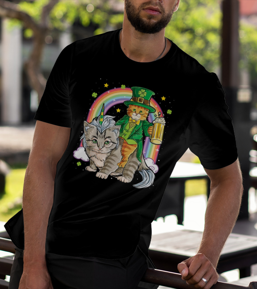 St. Patrick's Day Cat Riding Unicorn With Rainbow And Beer T-Shirt