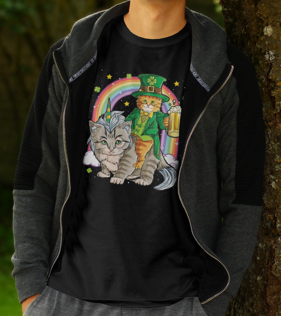 St. Patrick's Day Cat Riding Unicorn With Rainbow And Beer T-Shirt