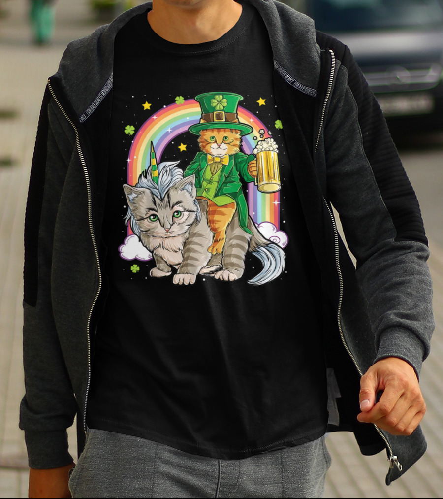 St. Patrick's Day Cat Riding Unicorn With Rainbow And Beer T-Shirt