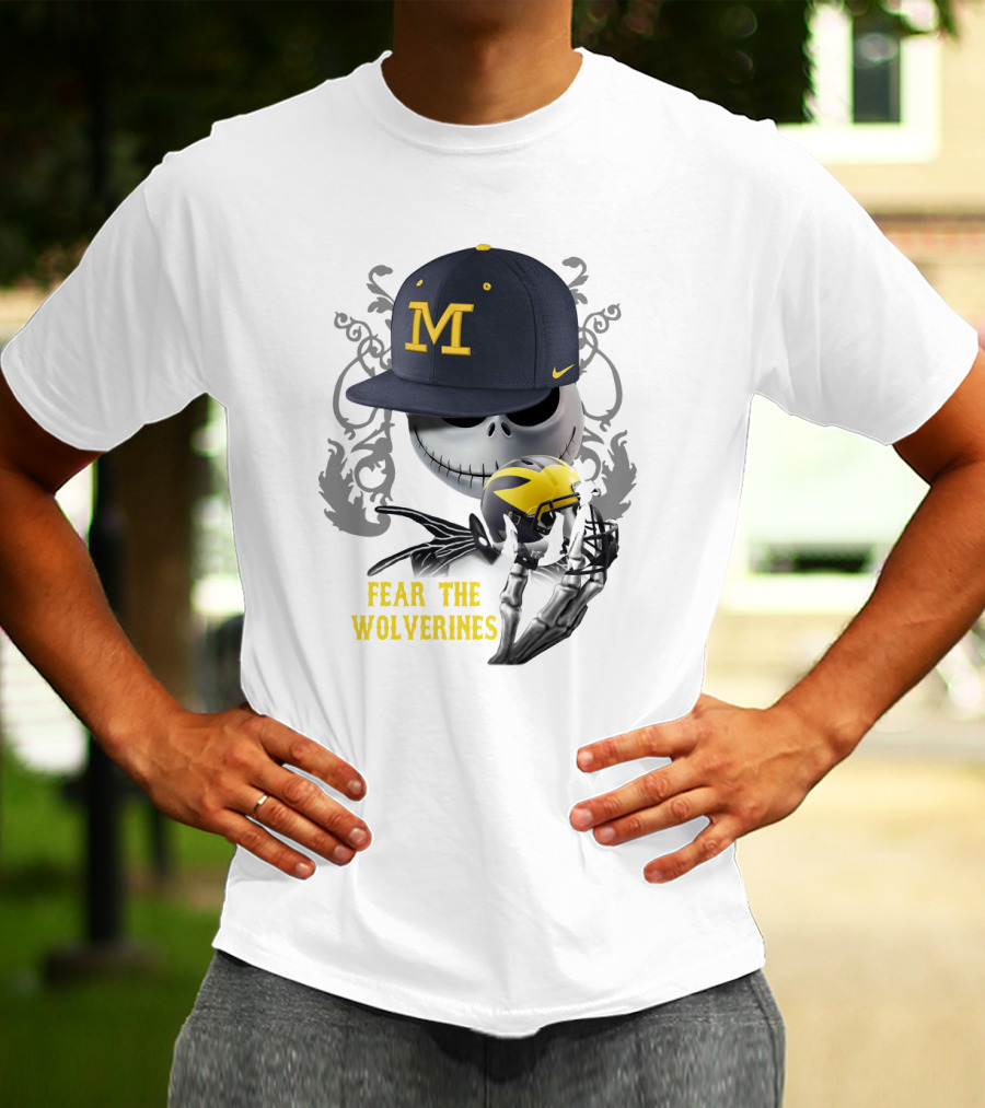 Fear The Wolverines Skellington M Hat Football Helmet T-Shirt