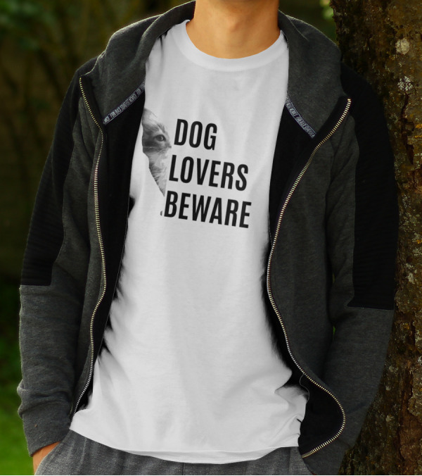 Cat Silhouette Peering Dog Lovers Beware T-Shirt