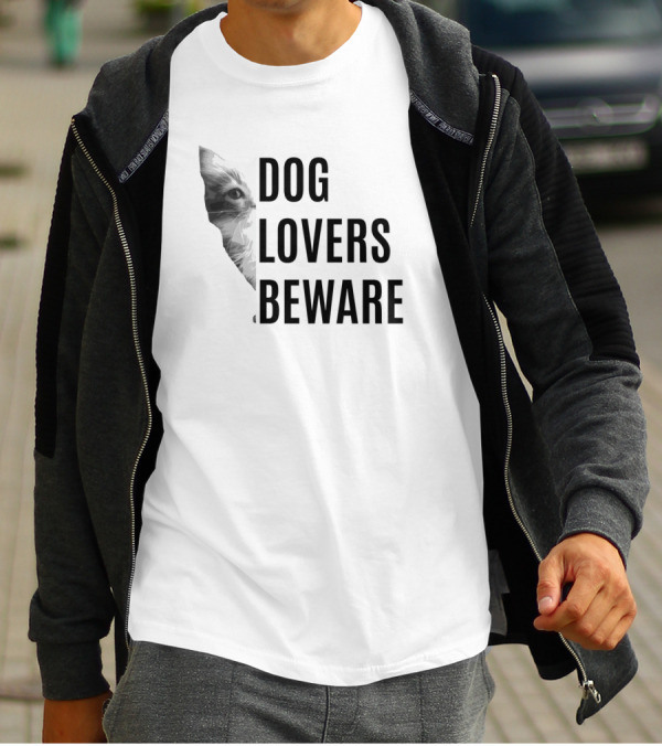 Cat Silhouette Peering Dog Lovers Beware T-Shirt