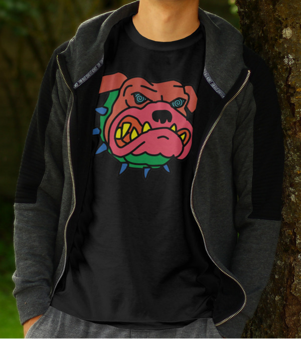 Mad Dog Cartoon Spiked Collar Angry Face T-Shirt