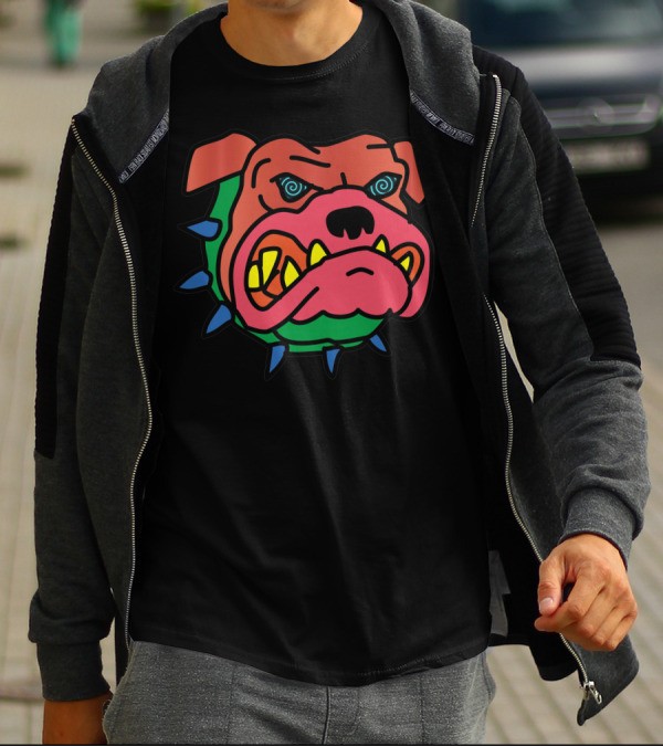Mad Dog Cartoon Spiked Collar Angry Face T-Shirt