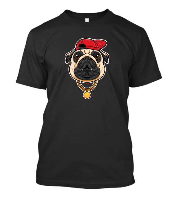 Pug Dog Head Cartoon With Red Cap And Gold Chain T-Shirt
