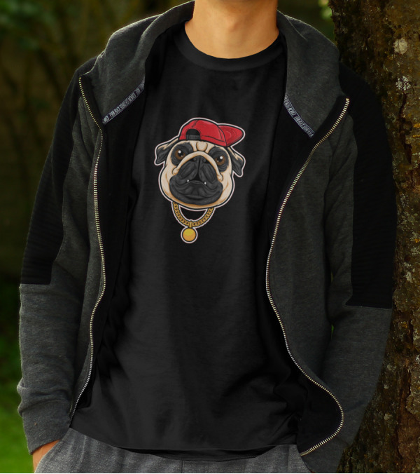 Pug Dog Head Cartoon With Red Cap And Gold Chain T-Shirt