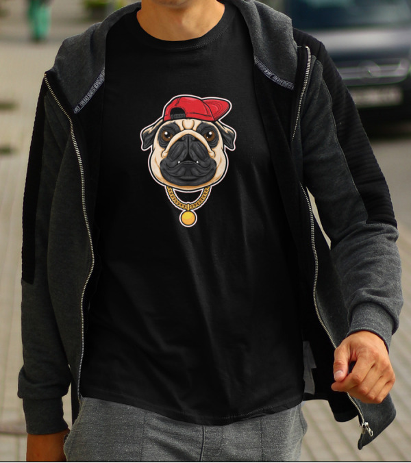 Pug Dog Head Cartoon With Red Cap And Gold Chain T-Shirt