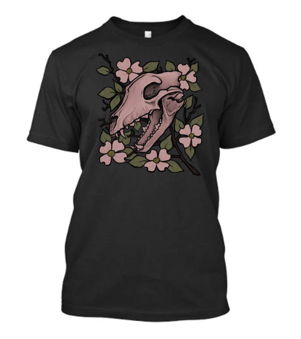 Dogwood Blossoms And Detailed Dog Skull Art With Pink Flowers And Green Leaves T-Shirt