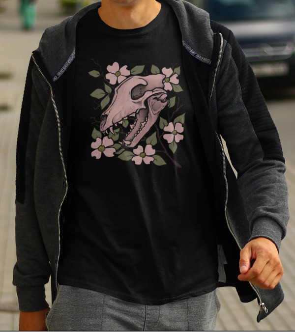 Dogwood Blossoms And Detailed Dog Skull Art With Pink Flowers And Green Leaves T-Shirt