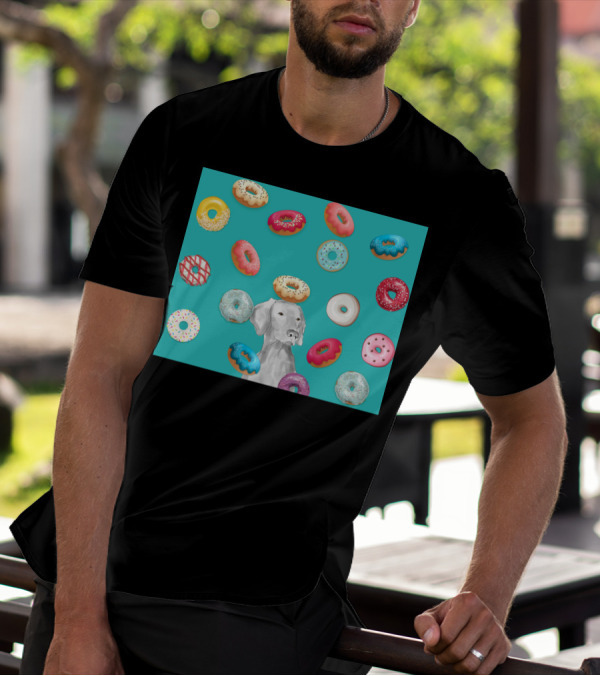 DOG AND DOUGHNUTS MULTICOLORED TREATS WITH WHITE DOG SURROUNDED BY DESSERTS T-Shirt