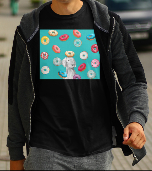DOG AND DOUGHNUTS MULTICOLORED TREATS WITH WHITE DOG SURROUNDED BY DESSERTS T-Shirt
