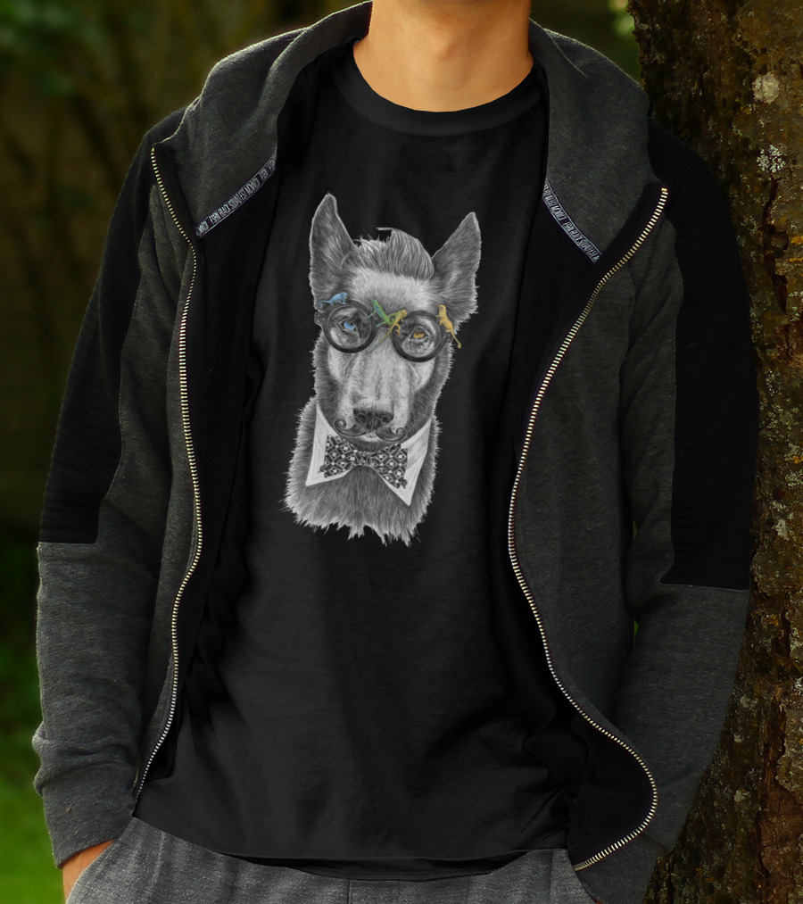 Hipster Dog With Mustache And Monocle In Yellow To Blue Tones T-Shirt