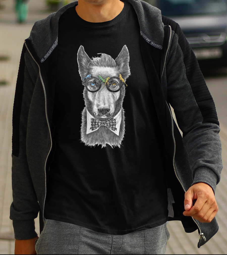 Hipster Dog With Mustache And Monocle In Yellow To Blue Tones T-Shirt