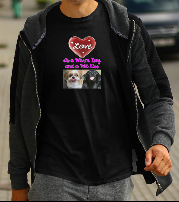 Love Is A Warm Dog And A Wet Kiss Heart Graphic With Adorable Dogs For Dog Moms And Lovers T-Shirt