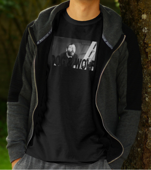 DOG And WOLF Black And White Graphic Featuring Excited Man With Ladder Background T-Shirt