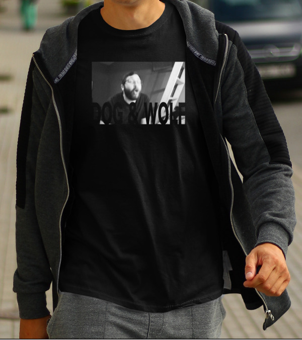 DOG And WOLF Black And White Graphic Featuring Excited Man With Ladder Background T-Shirt