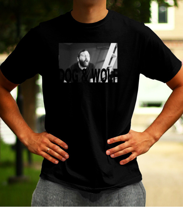 DOG And WOLF Black And White Graphic Featuring Excited Man With Ladder Background T-Shirt