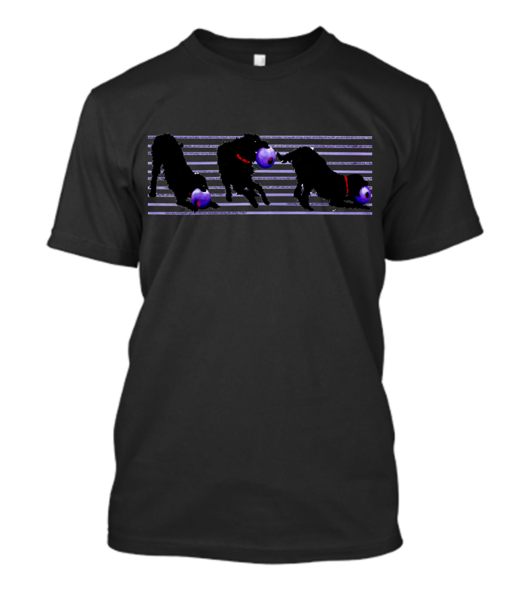 Shadowy Dogs Chasing Purple Ball On Stripes With 'I Love To Play' T-Shirt