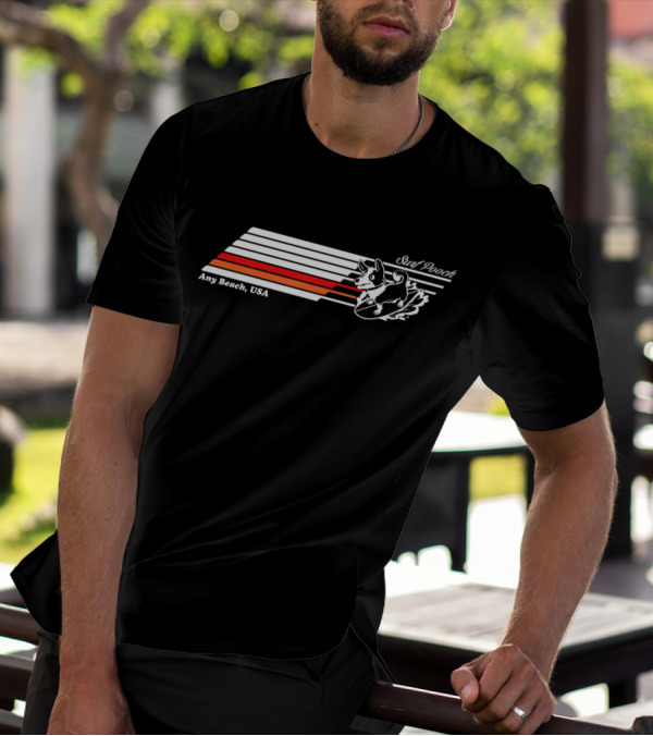 Surf Pooch Any Beach USA Retro Striped Surfing Dog T-Shirt