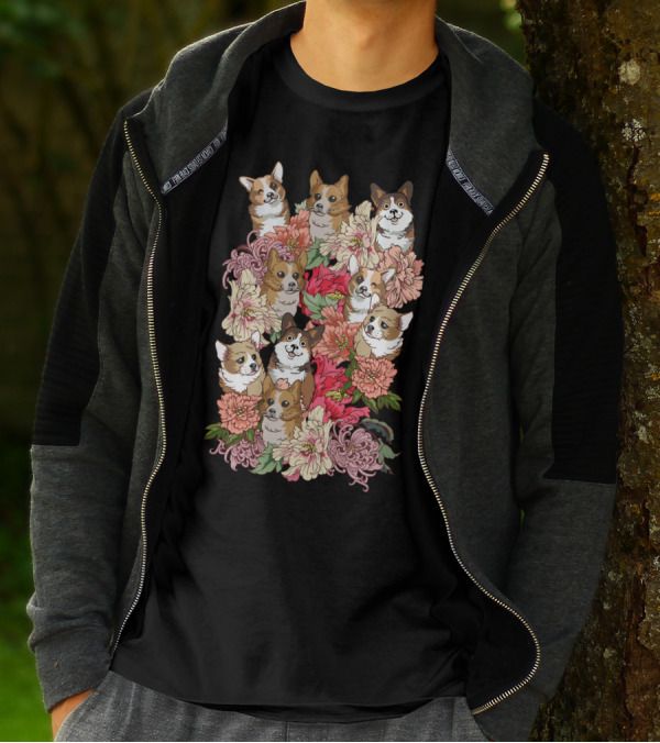 Because Corgi Surrounded By Colorful Floral Arrangement T-Shirt