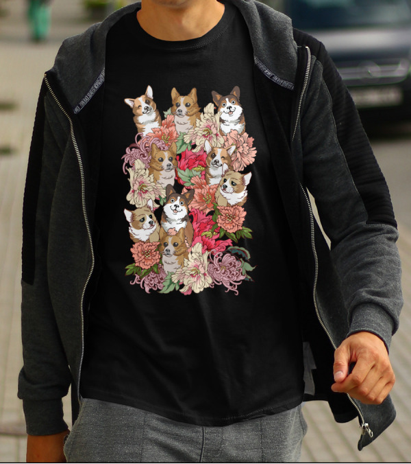 Because Corgi Surrounded By Colorful Floral Arrangement T-Shirt