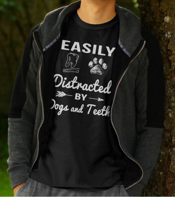 Easily Distracted By Dogs And Teeth With Tooth And Paw Print Graphics T-Shirt