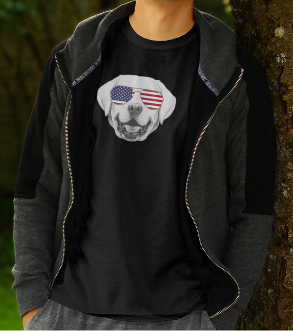 Patriotic Dog With American Flag Sunglasses - Furry 4th Of July T-Shirt