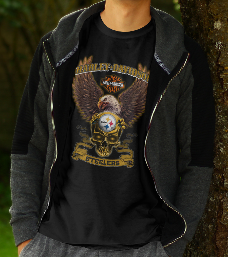 Harley Davidson Steelers Eagle And Skull With Pittsburgh Steelers T-Shirt
