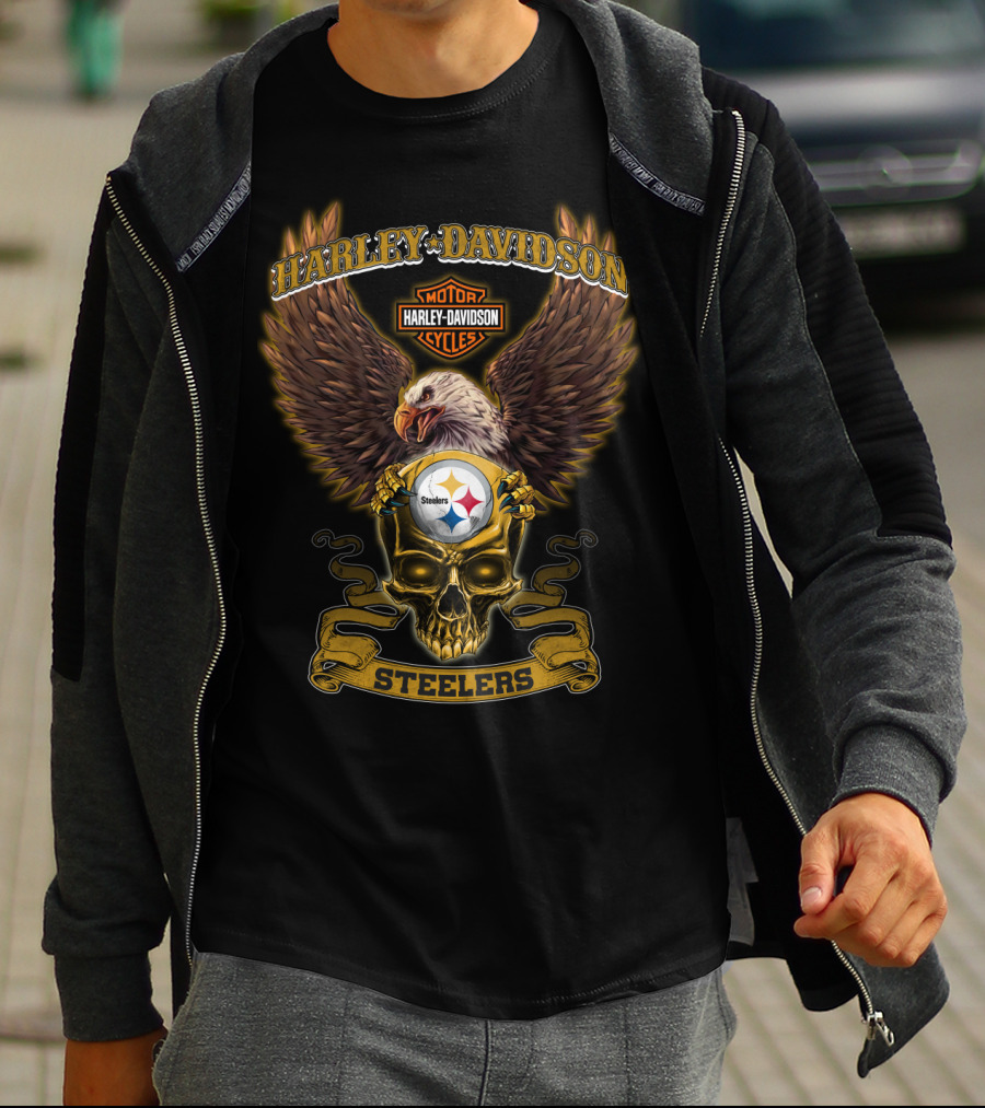 Harley Davidson Steelers Eagle And Skull With Pittsburgh Steelers T-Shirt