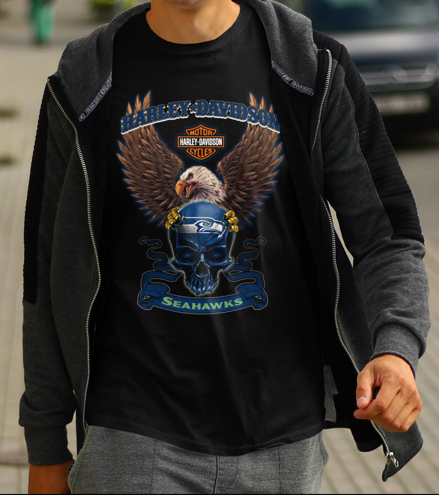Harley Davidson Motorcycles Seahawks Eagle Skull T-Shirt
