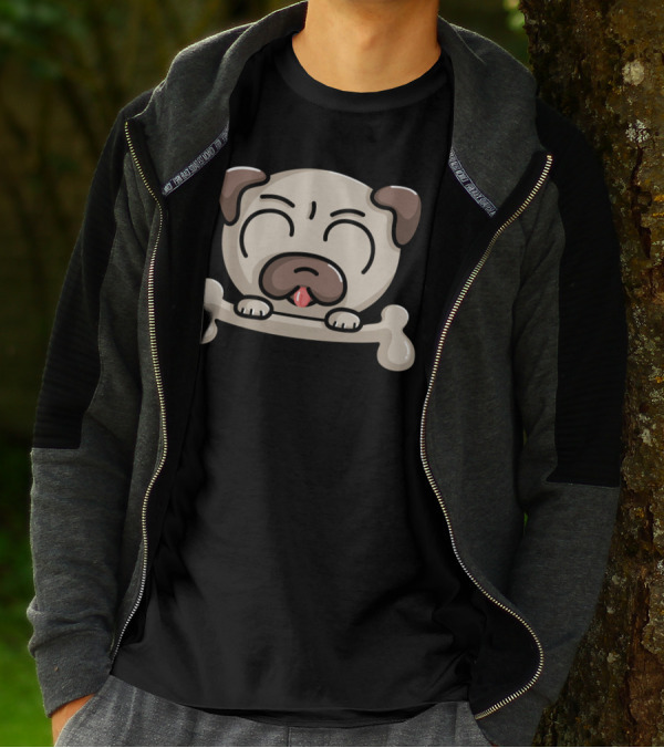 Kawaii Cute Pug Dog With Cartoon Bone T-Shirt