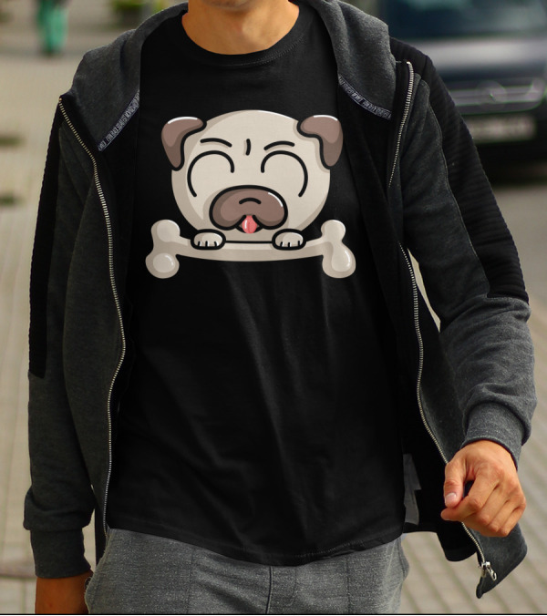 Kawaii Cute Pug Dog With Cartoon Bone T-Shirt