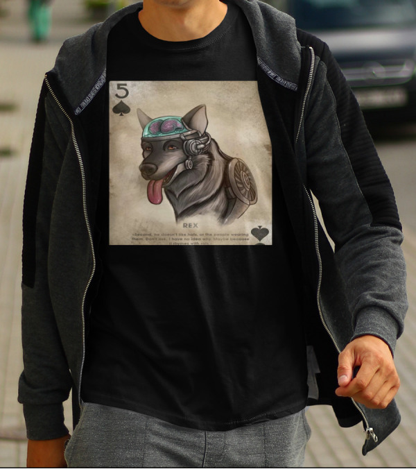 5 Of Spades Rex Dog Brainy Pet With Cybernetic Headgear And Brain T-Shirt