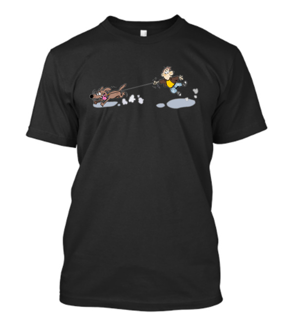 Dog Walks Human Cartoon Humor With Energetic Leash Tugging T-Shirt
